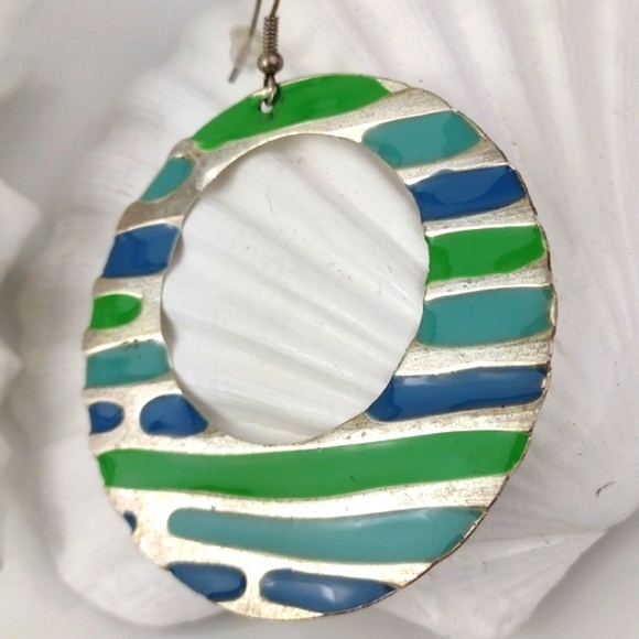 ♥️Bundle Only♥️ Vintage Style Enameled Blue & Green Hoop Disc Drop Earrings - Picture 3 of 7